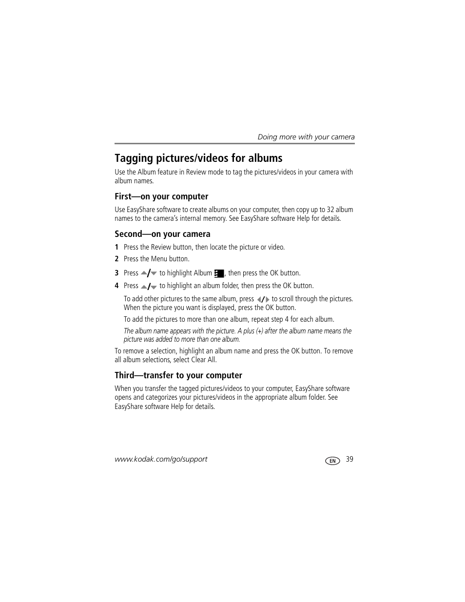 First-on your computer, Second-on your camera, Third-transfer to your computer | Tagging pictures/videos for albums | Kodak EasyShare C663 User Manual | Page 45 / 74