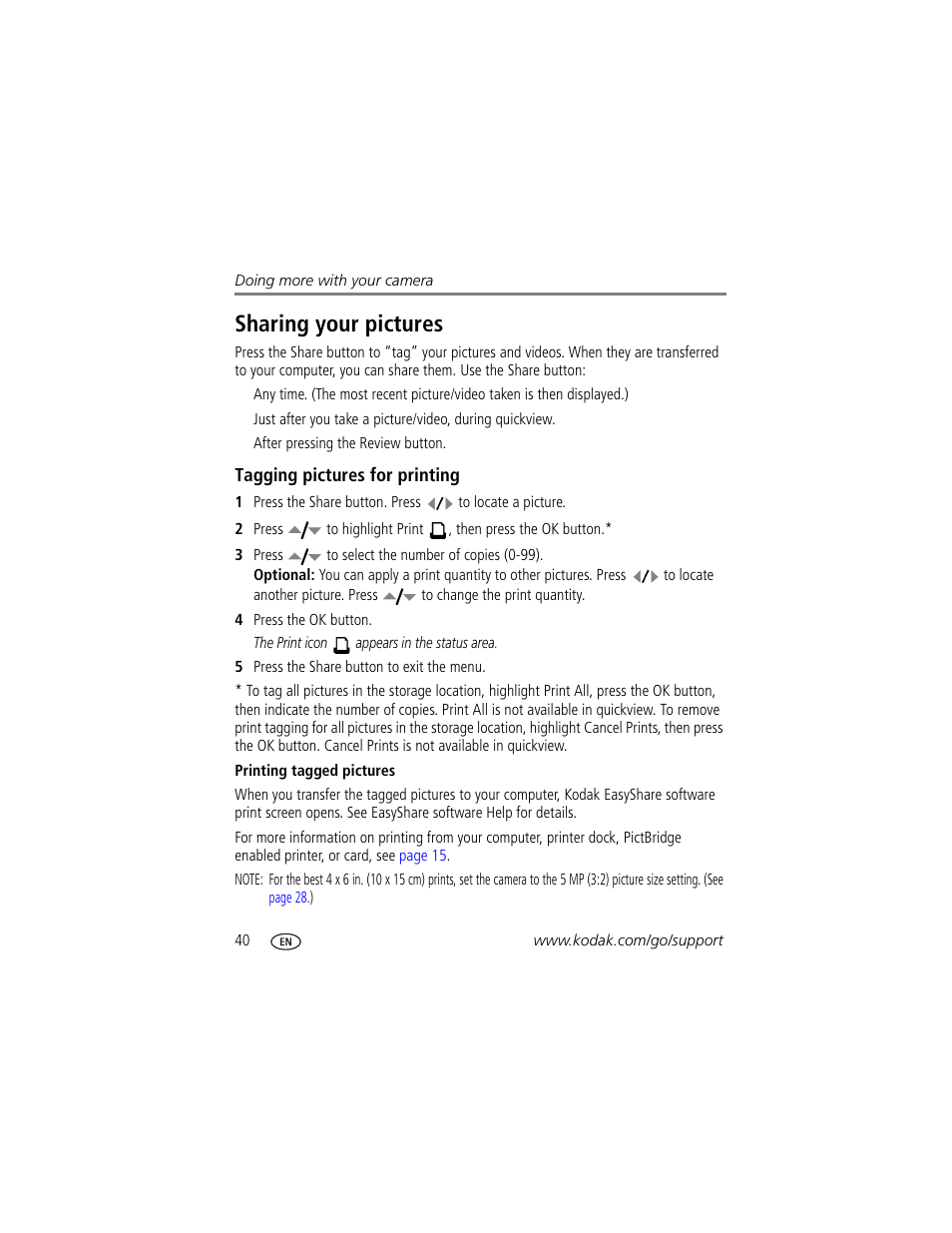 Tagging pictures for printing, Printing tagged pictures, Sharing your pictures | Kodak EasyShare C663 User Manual | Page 46 / 74