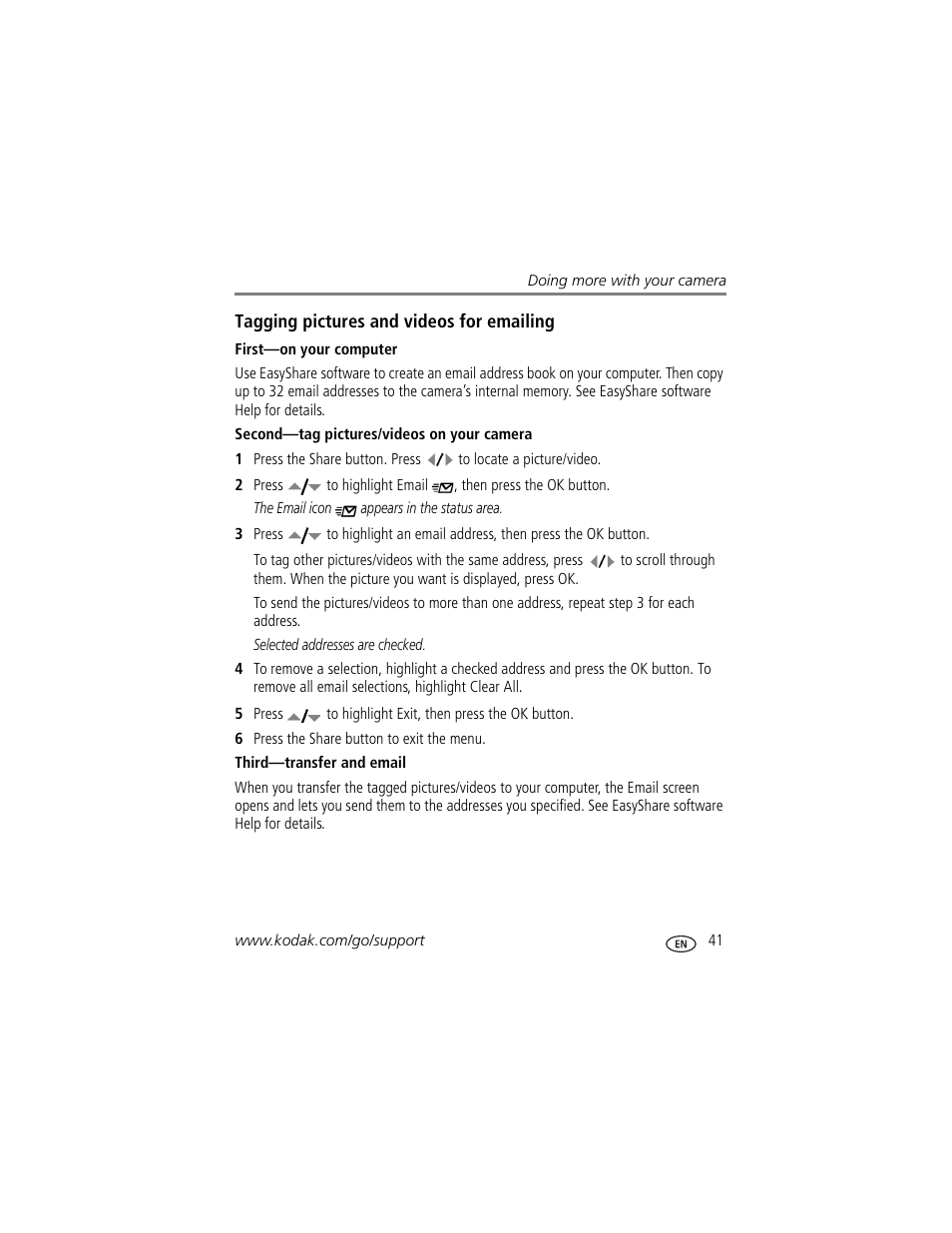 Tagging pictures and videos for emailing, First-on your computer, Second-tag pictures/videos on your camera | Third-transfer and email | Kodak EasyShare C663 User Manual | Page 47 / 74