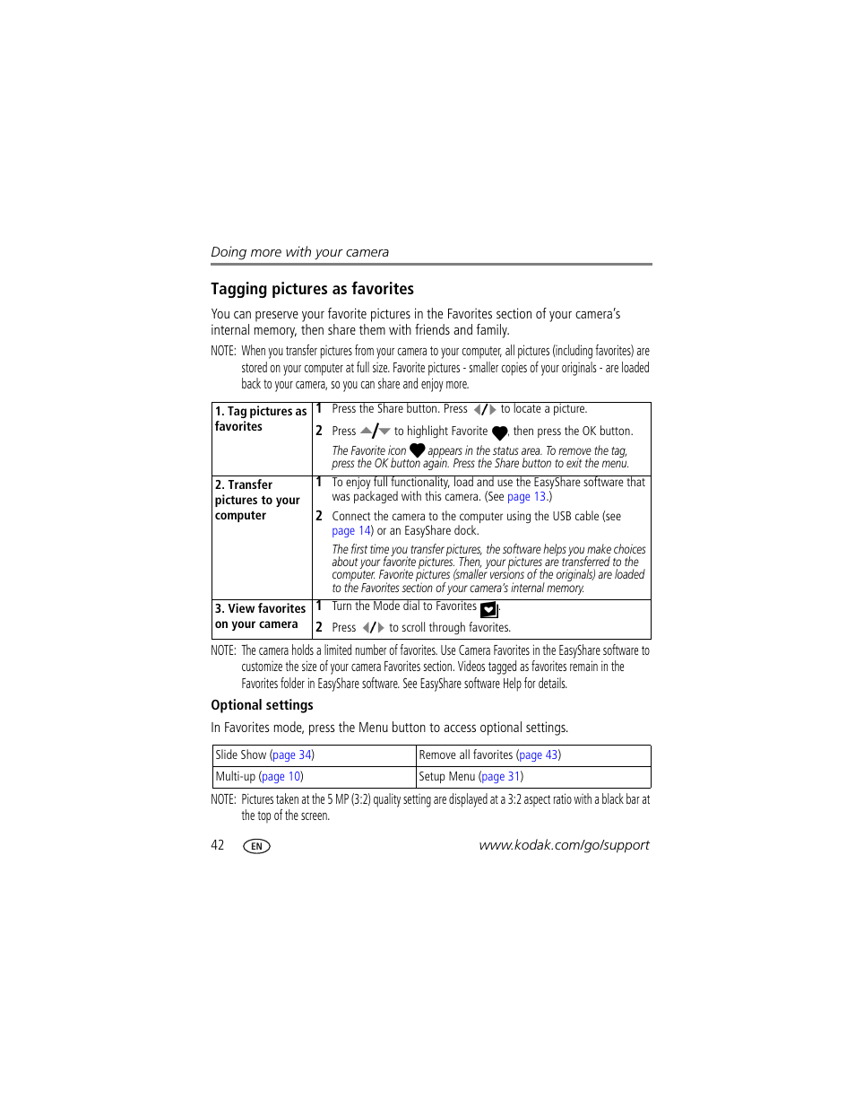 Optional settings, Tagging pictures as favorites | Kodak EasyShare C663 User Manual | Page 48 / 74