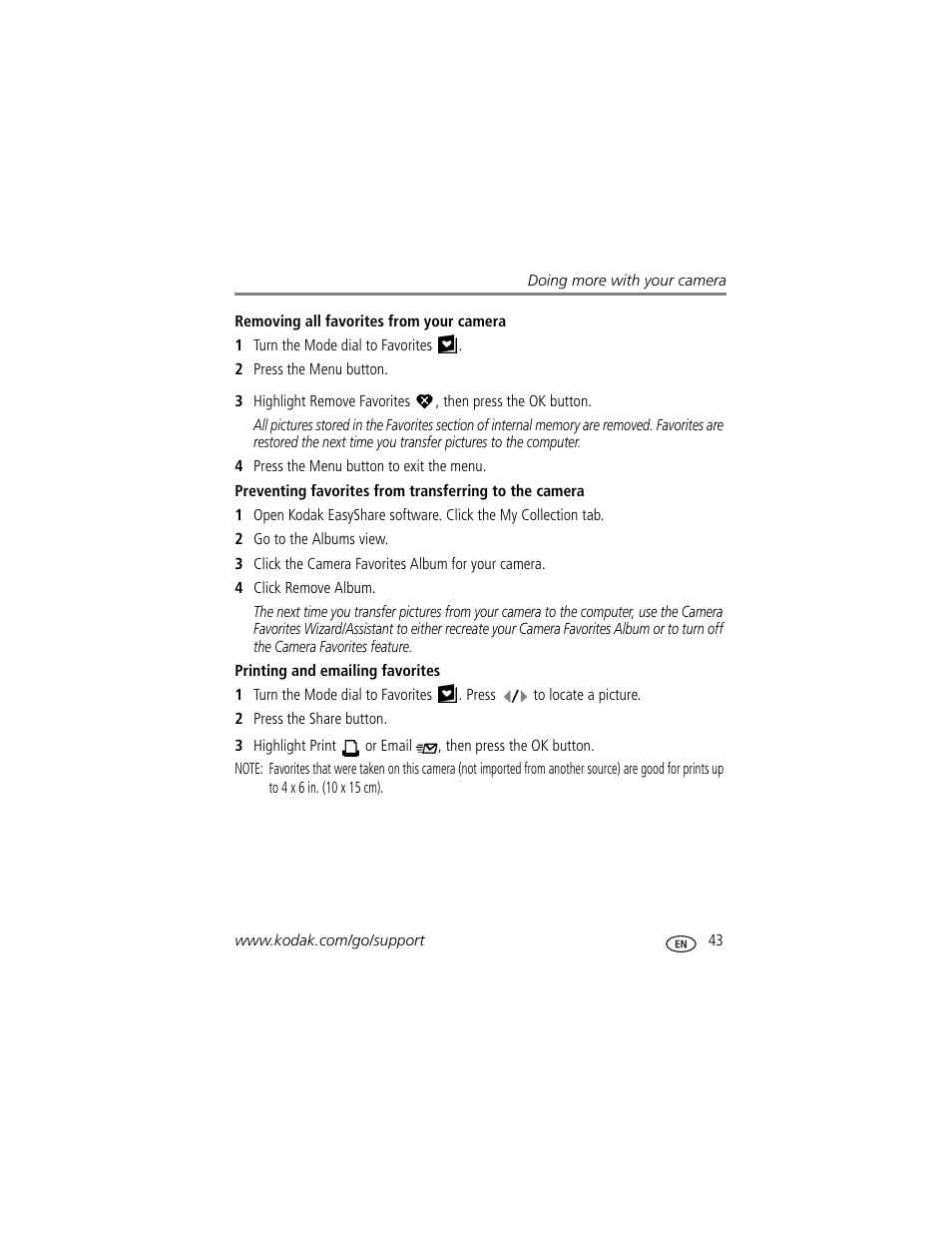 Removing all favorites from your camera, Printing and emailing favorites | Kodak EasyShare C663 User Manual | Page 49 / 74