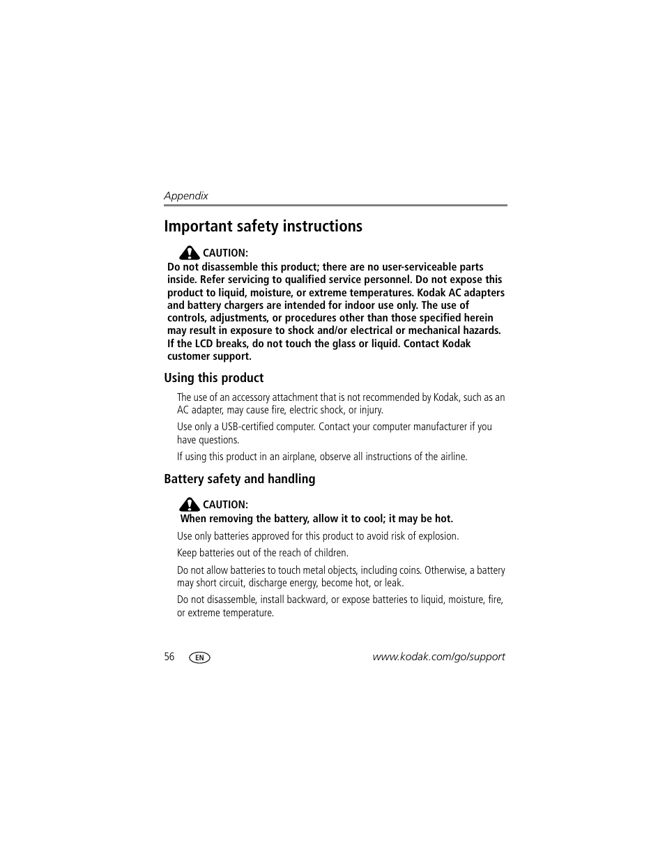 Using this product, Battery safety and handling, Important safety instructions | Kodak EasyShare C663 User Manual | Page 62 / 74