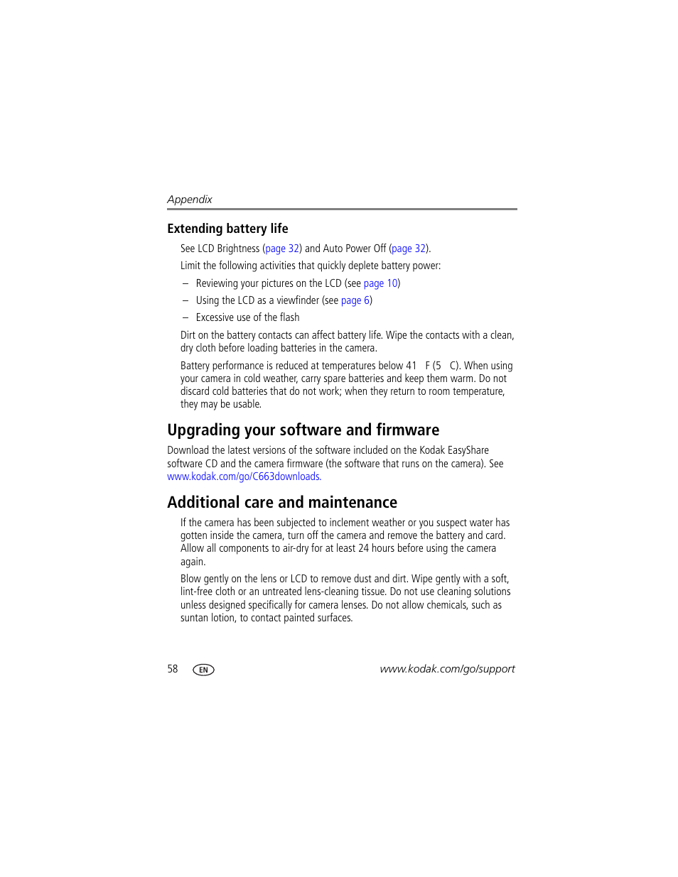 Upgrading your software and firmware, Additional care and maintenance, Ean the lens | Kodak EasyShare C663 User Manual | Page 64 / 74