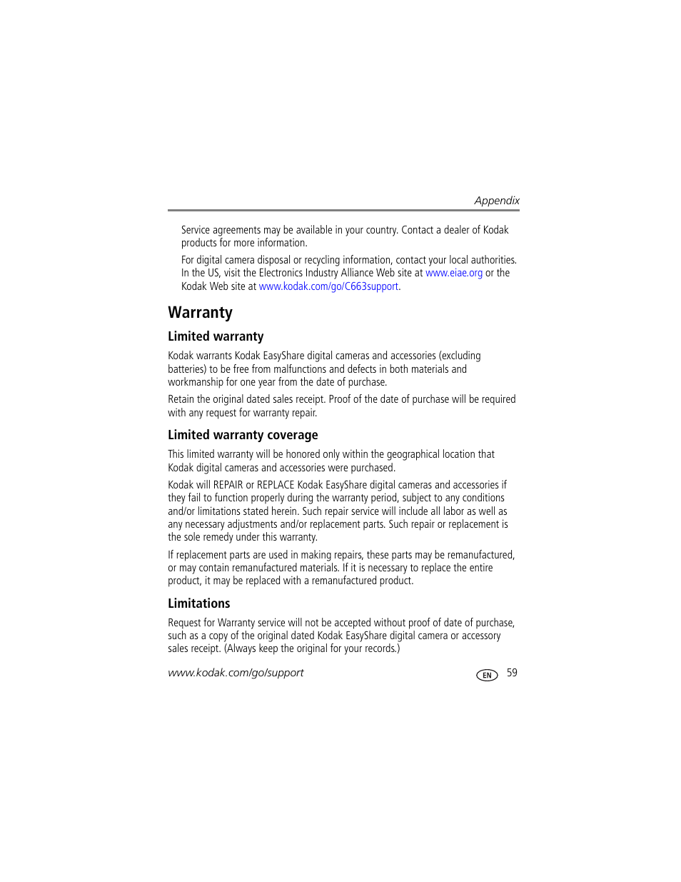Warranty, Limited warranty, Limited warranty coverage | Limitations | Kodak EasyShare C663 User Manual | Page 65 / 74