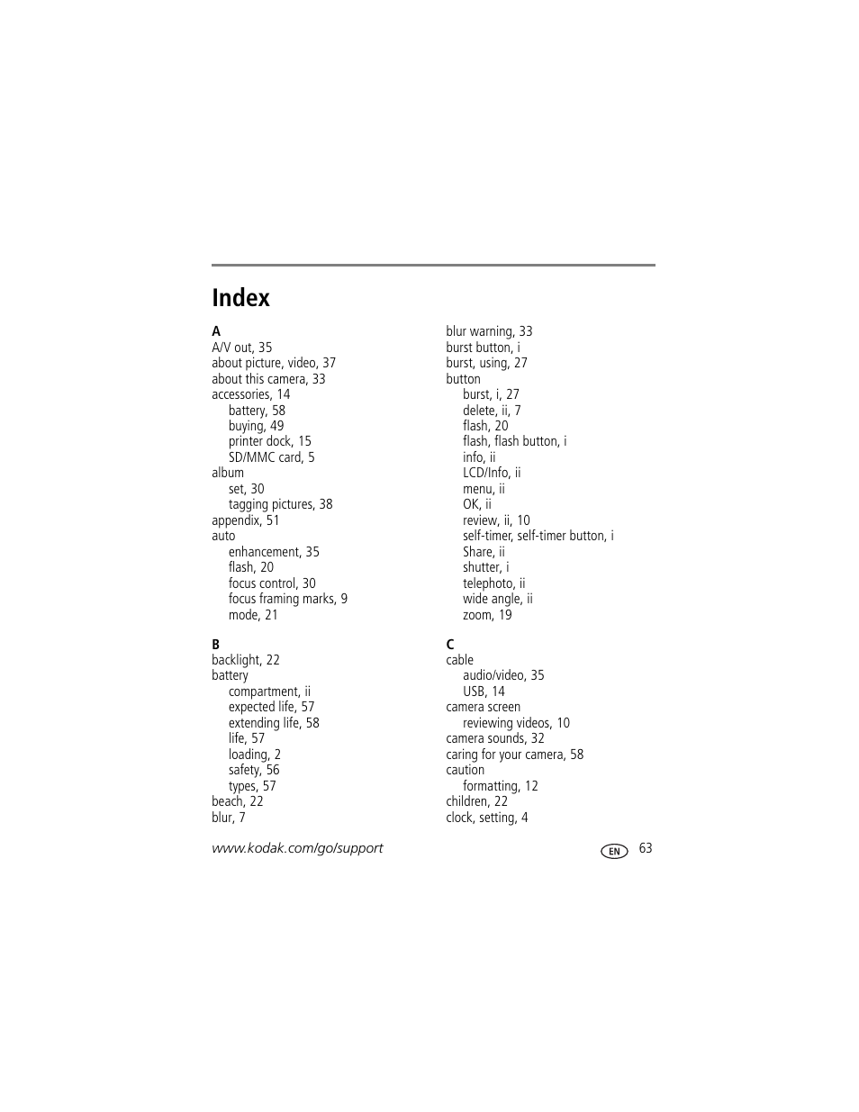 Index | Kodak EasyShare C663 User Manual | Page 69 / 74