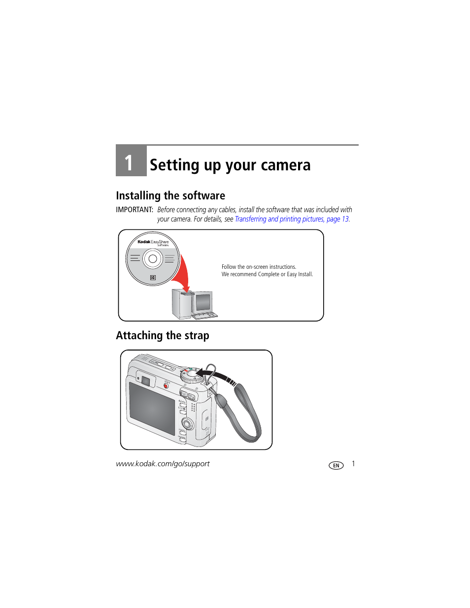 Setting up your camera, Installing the software, Attaching the strap | 1 setting up your camera, Installing the software attaching the strap | Kodak EasyShare C663 User Manual | Page 7 / 74