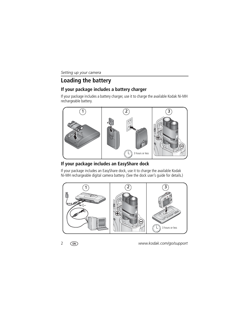 If your package includes a battery charger, If your package includes an easyshare dock, Loading the battery | Kodak EasyShare C663 User Manual | Page 8 / 74