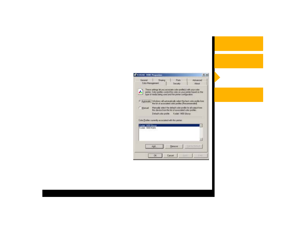 Using the color management tab | Kodak 1400 User Manual | Page 22 / 46