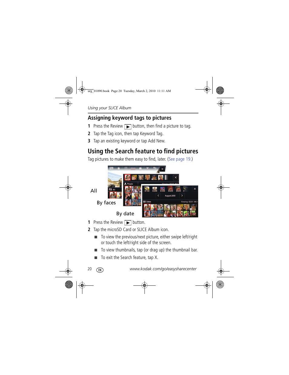 Using the search feature to find pictures | Kodak KLIC-7000 User Manual | Page 20 / 24
