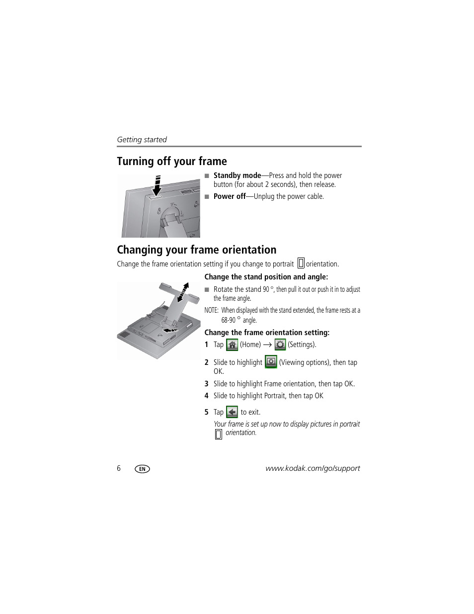 Turning off your frame, Changing your frame orientation | Kodak EasyShare M1020 User Manual | Page 12 / 51