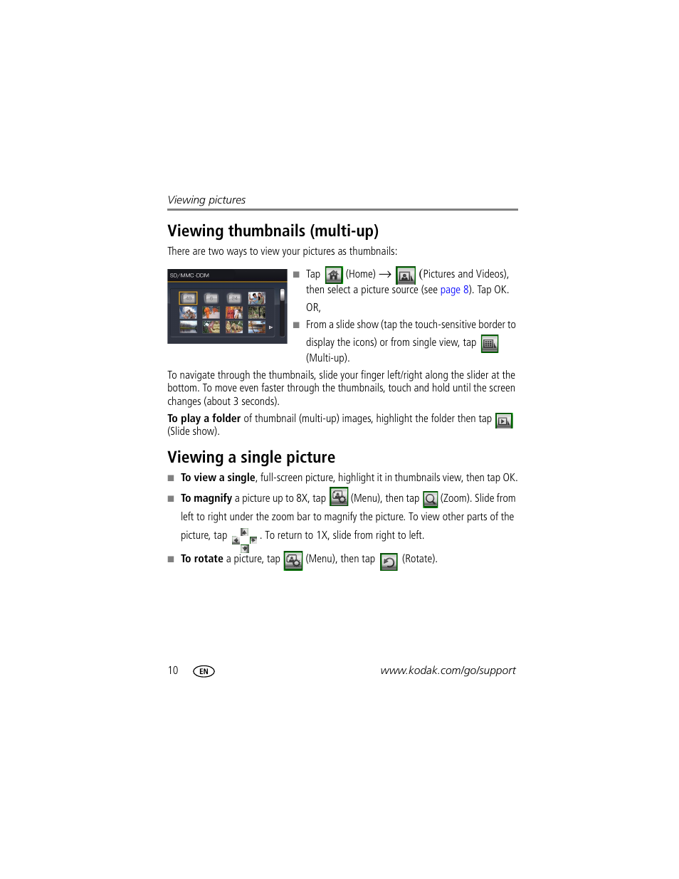 Viewing thumbnails (multi-up), Viewing a single picture | Kodak EasyShare M1020 User Manual | Page 16 / 51