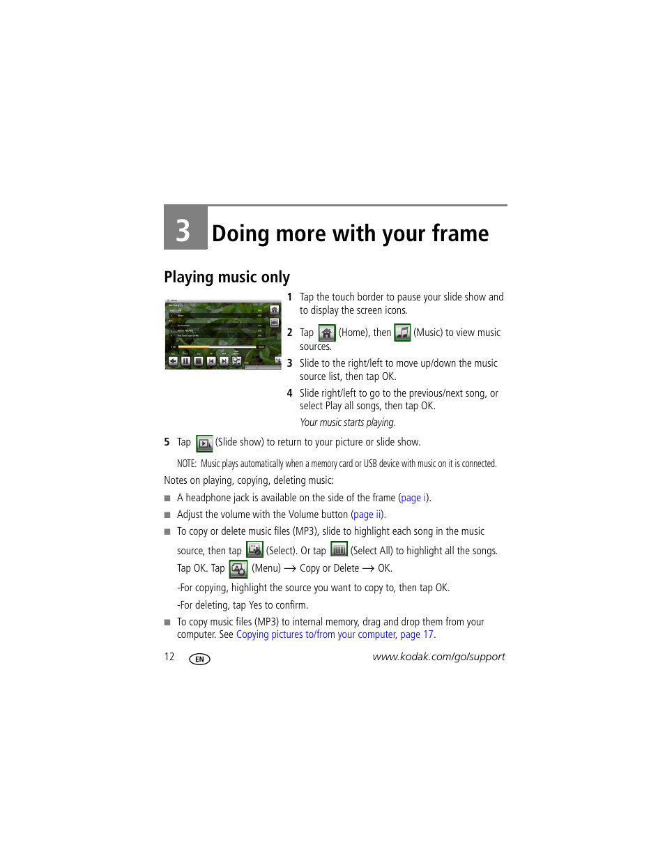 Doing more with your frame, Playing music only, 3 doing more with your frame | Kodak EasyShare M1020 User Manual | Page 18 / 51