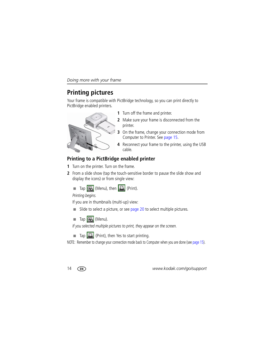 Printing pictures, Printing to a pictbridge enabled printer | Kodak EasyShare M1020 User Manual | Page 20 / 51