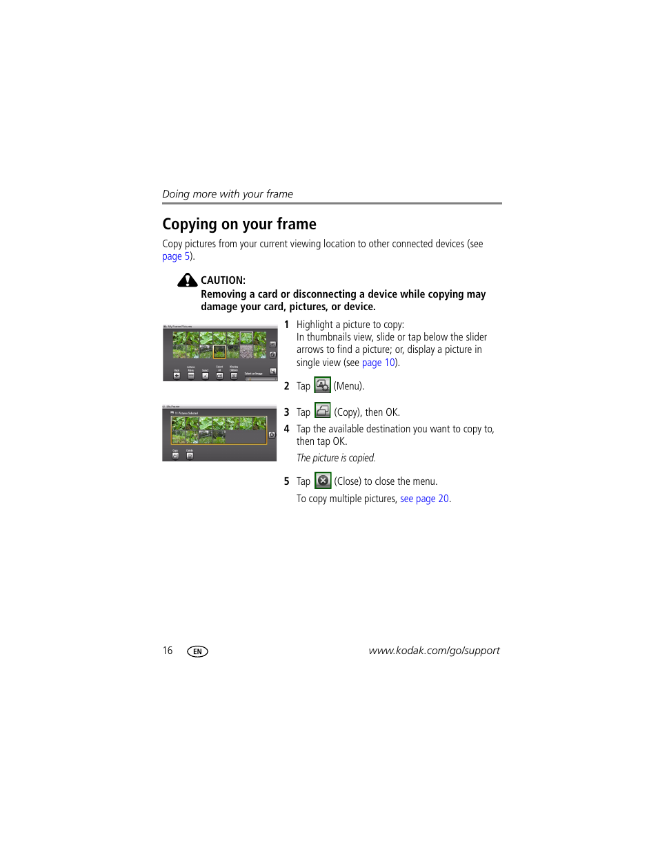 Copying on your frame | Kodak EasyShare M1020 User Manual | Page 22 / 51