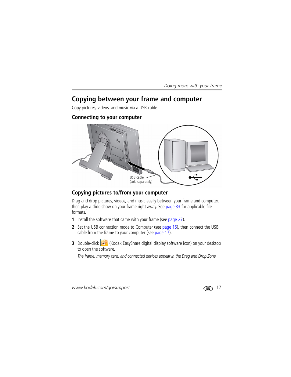 Copying between your frame and computer, Connecting to your computer, Copying pictures to/from your computer | Kodak EasyShare M1020 User Manual | Page 23 / 51