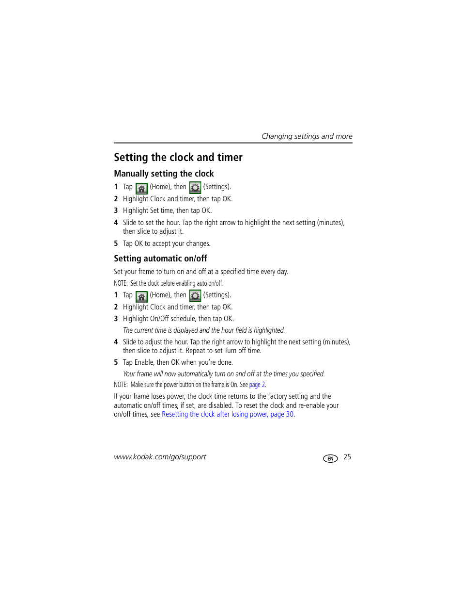 Setting the clock and timer, Manually setting the clock, Setting automatic on/off | Kodak EasyShare M1020 User Manual | Page 31 / 51