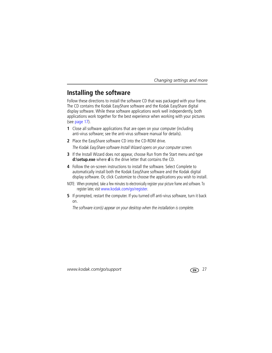 Installing the software | Kodak EasyShare M1020 User Manual | Page 33 / 51