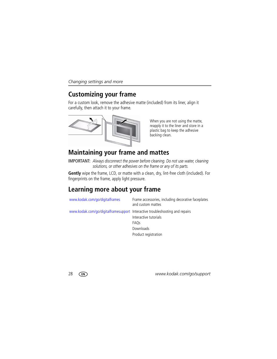 Customizing your frame, Maintaining your frame and mattes, Learning more about your frame | Kodak EasyShare M1020 User Manual | Page 34 / 51