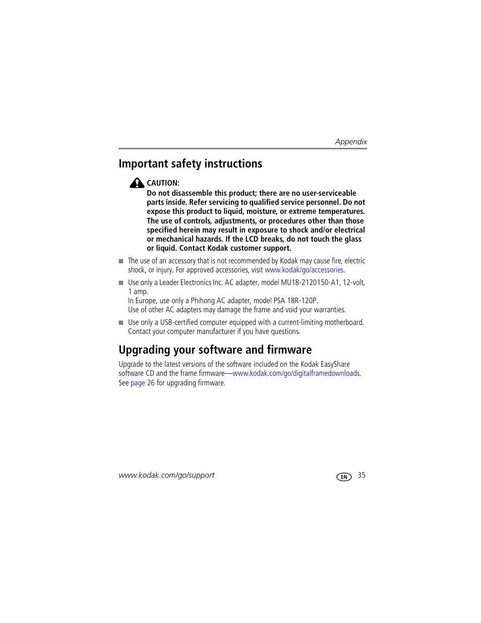 Important safety instructions, Upgrading your software and firmware | Kodak EasyShare M1020 User Manual | Page 41 / 51