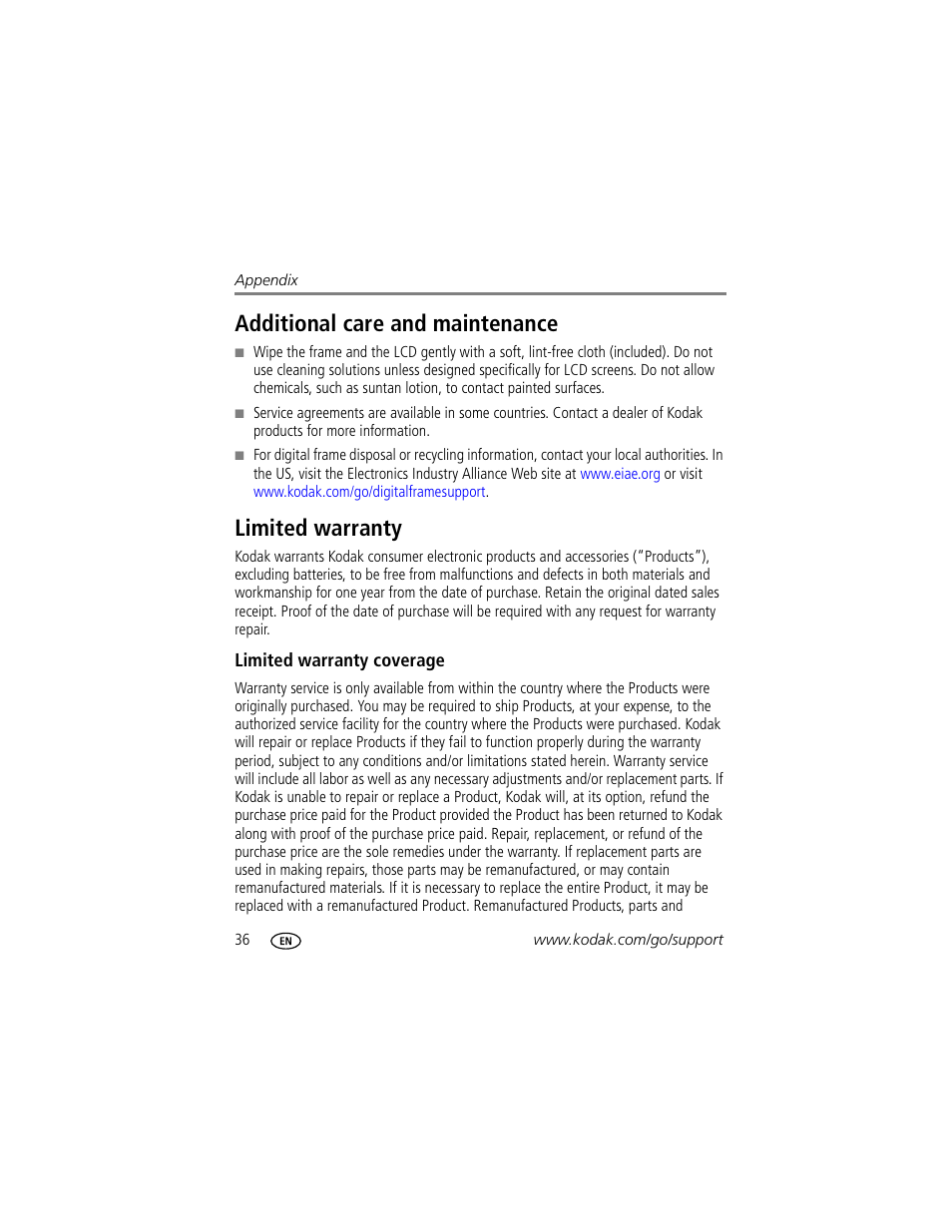 Additional care and maintenance, Limited warranty, Limited warranty coverage | Additional care and maintenance limited warranty | Kodak EasyShare M1020 User Manual | Page 42 / 51