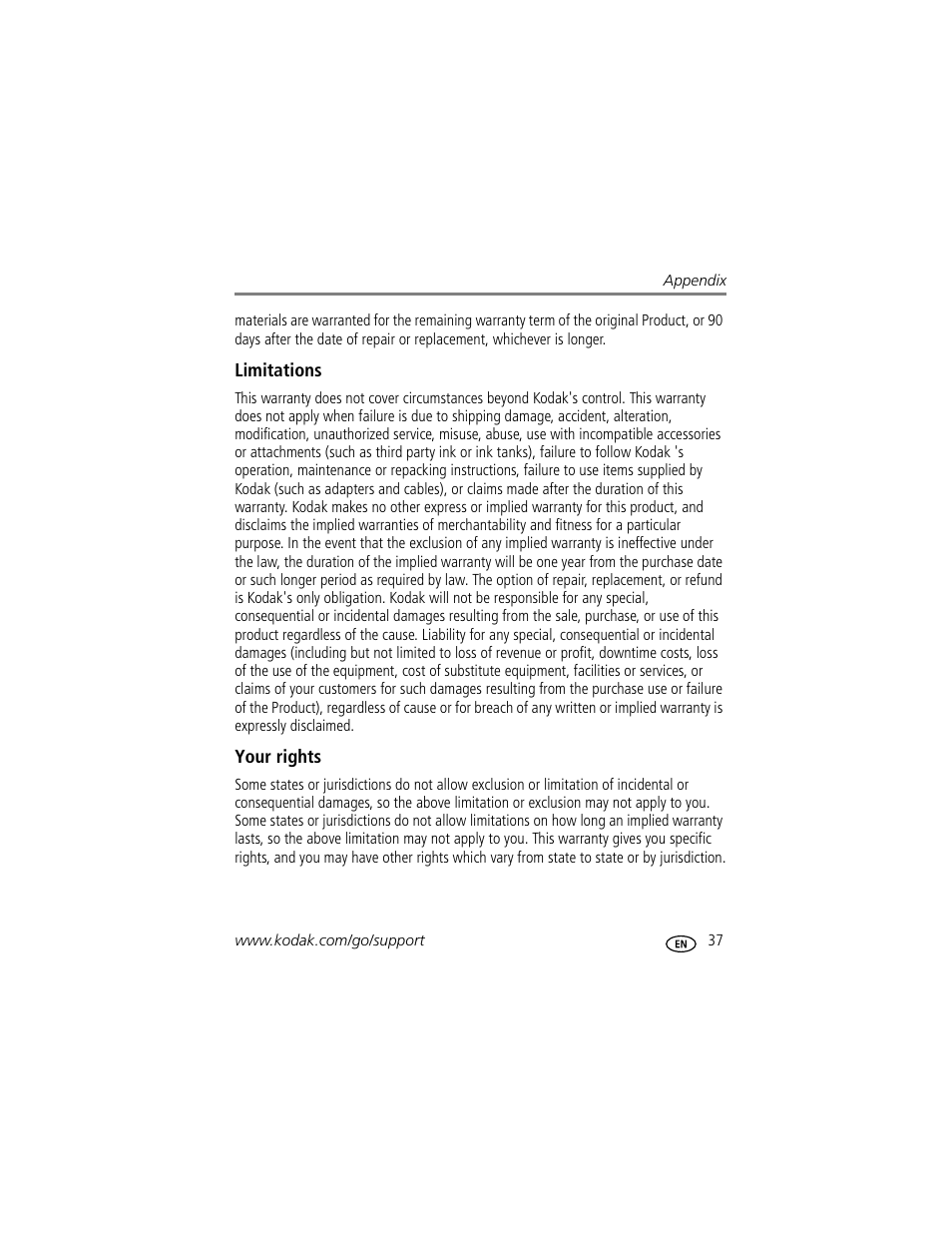 Limitations, Your rights | Kodak EasyShare M1020 User Manual | Page 43 / 51