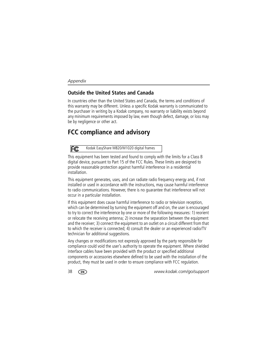 Outside the united states and canada, Fcc compliance and advisory | Kodak EasyShare M1020 User Manual | Page 44 / 51