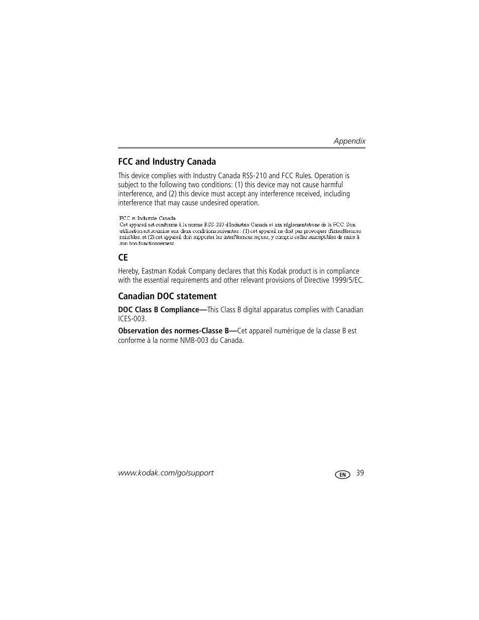 Fcc and industry canada, Canadian doc statement | Kodak EasyShare M1020 User Manual | Page 45 / 51