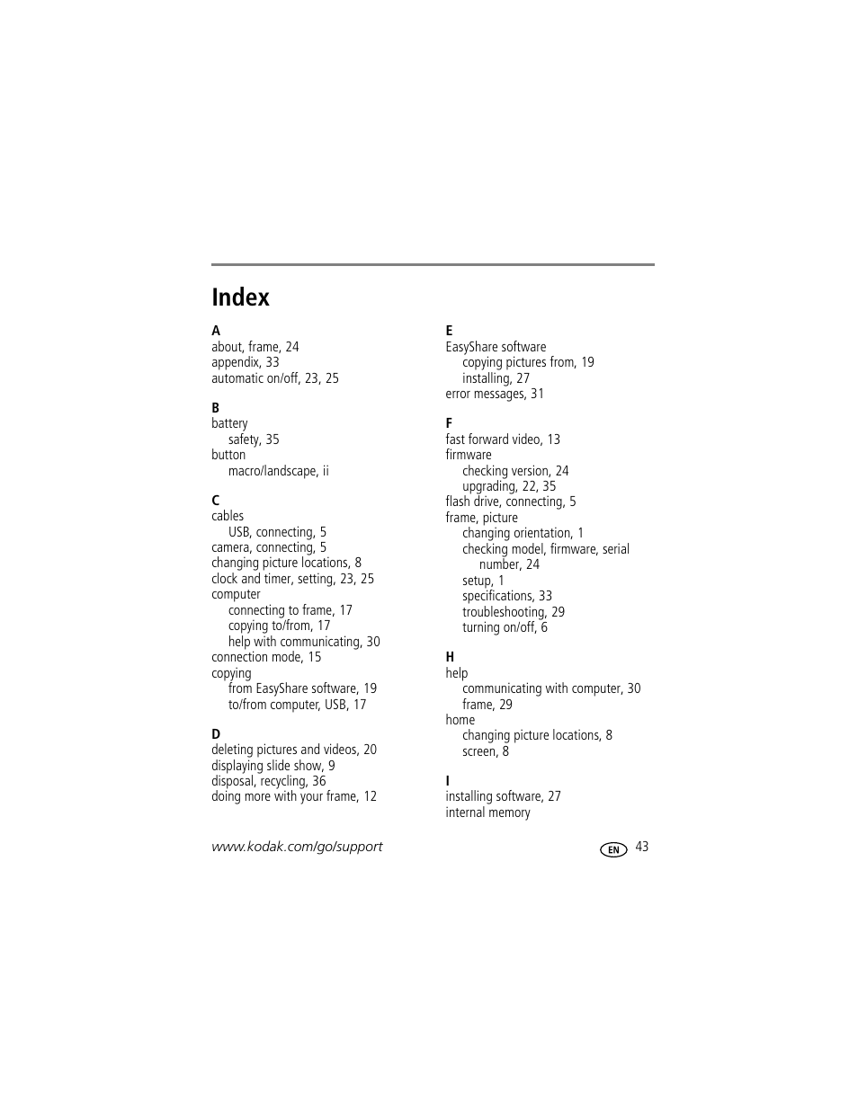 Index | Kodak EasyShare M1020 User Manual | Page 49 / 51