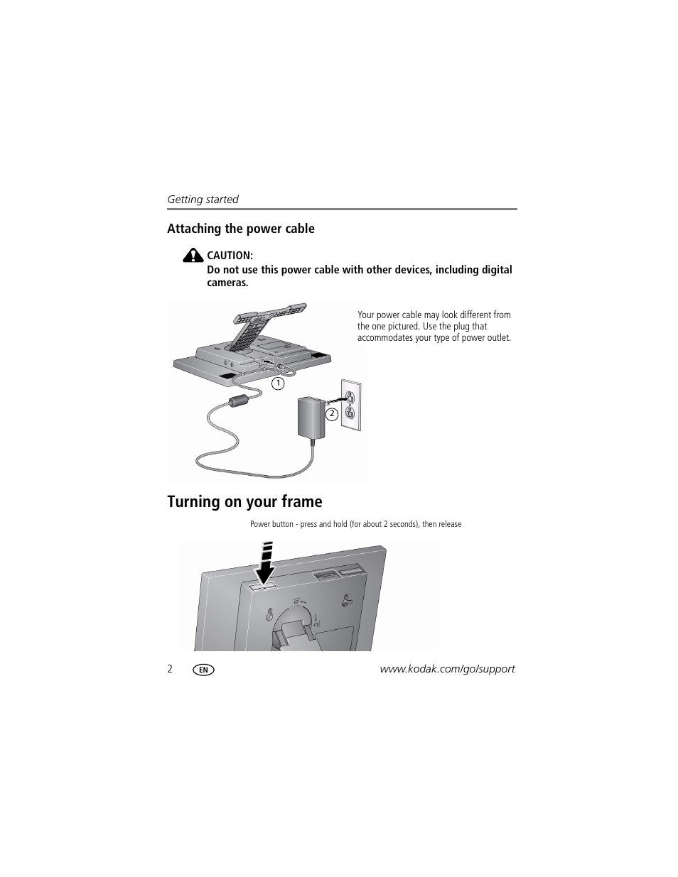 Attaching the power cable, Turning on your frame | Kodak EasyShare M1020 User Manual | Page 8 / 51