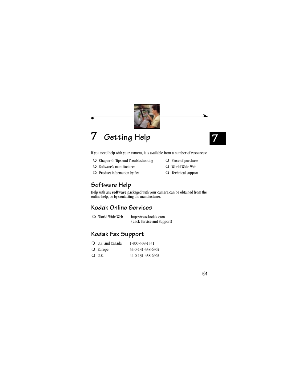 7 getting help, Software help, Kodak online services | Kodak fax support, Getting help | Kodak DC3800 User Manual | Page 57 / 78