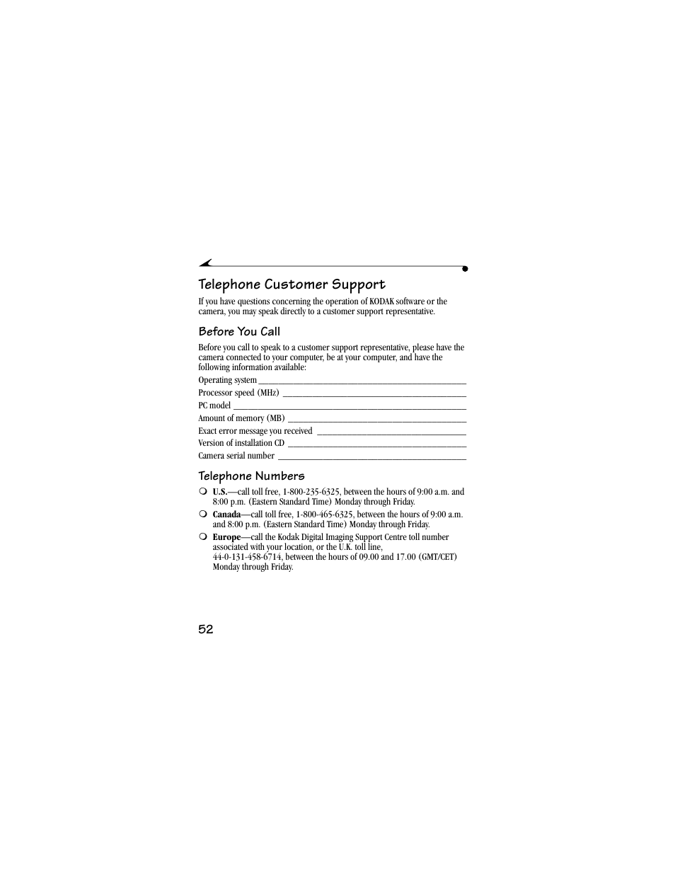 Telephone customer support, Before you call, Telephone numbers | Before you call telephone numbers | Kodak DC3800 User Manual | Page 58 / 78
