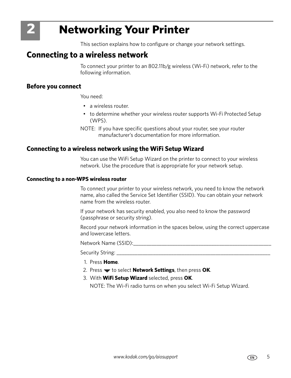 Networking your printer, Connecting to a wireless network, Before you connect | Connecting to a non-wps wireless router, 2 networking your printer | Kodak ESP 5200 User Manual | Page 10 / 73