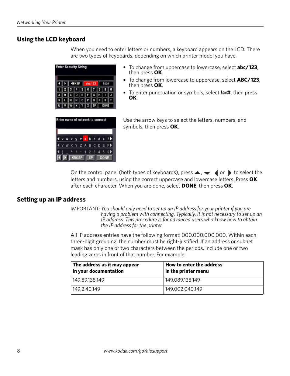 Using the lcd keyboard, Setting up an ip address, Using the lcd keyboard setting up an ip address | Using the lcd, To ente | Kodak ESP 5200 User Manual | Page 13 / 73