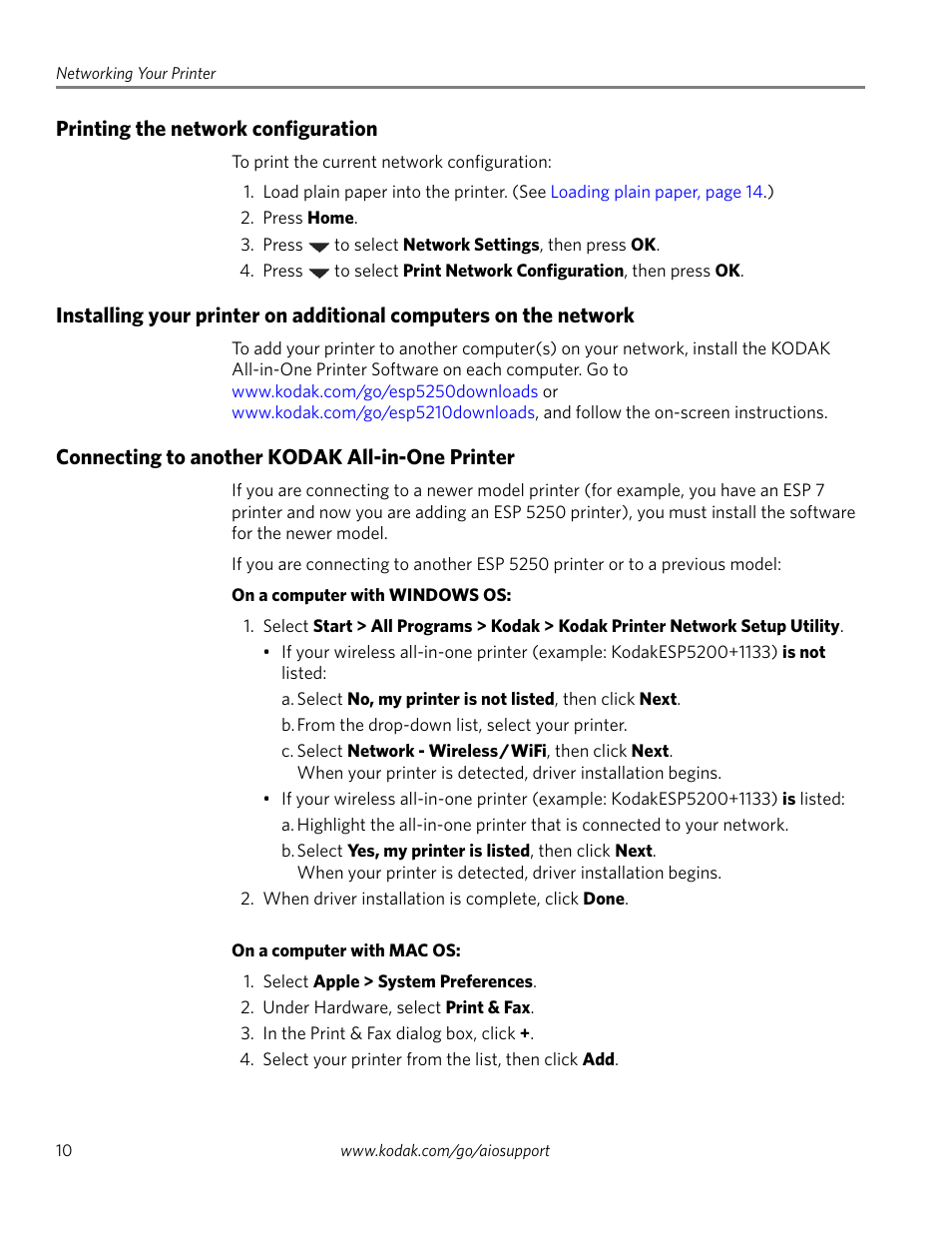 Printing the network configuration, Connecting to another kodak all-in-one printer | Kodak ESP 5200 User Manual | Page 15 / 73