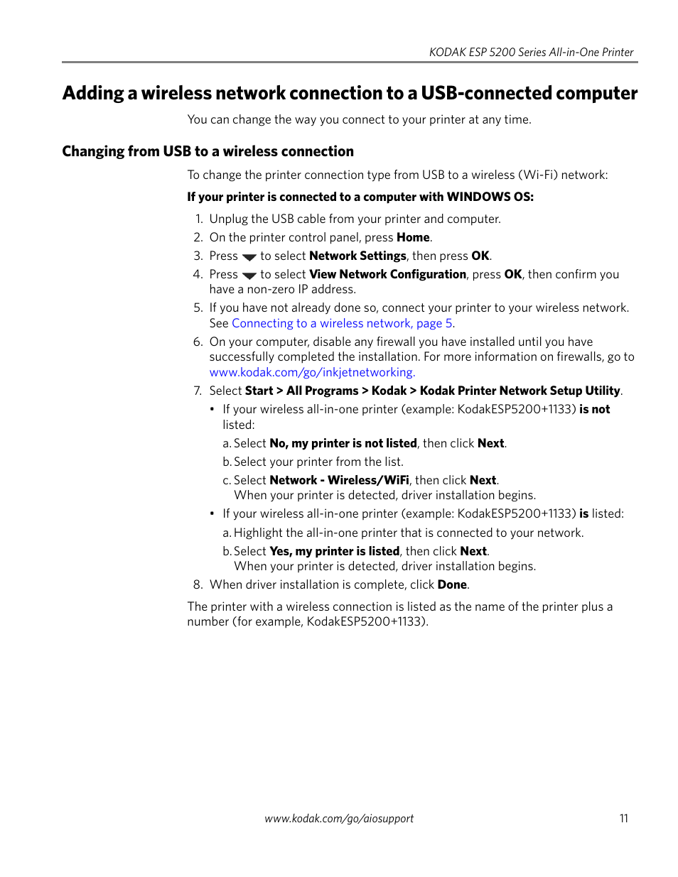 Changing from usb to a wireless connection | Kodak ESP 5200 User Manual | Page 16 / 73