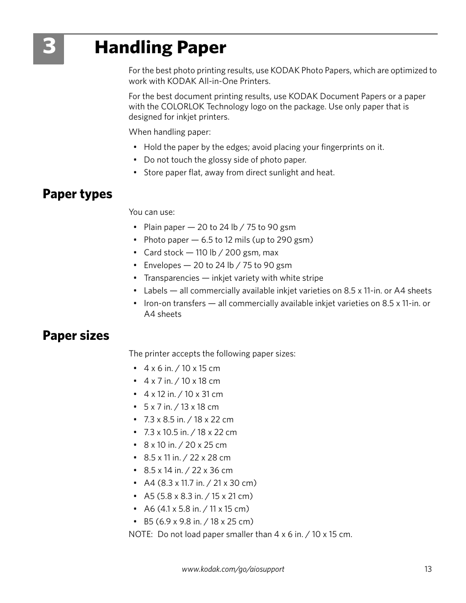 Handling paper, Paper types, Paper sizes | 3 handling paper, Paper types paper sizes | Kodak ESP 5200 User Manual | Page 18 / 73