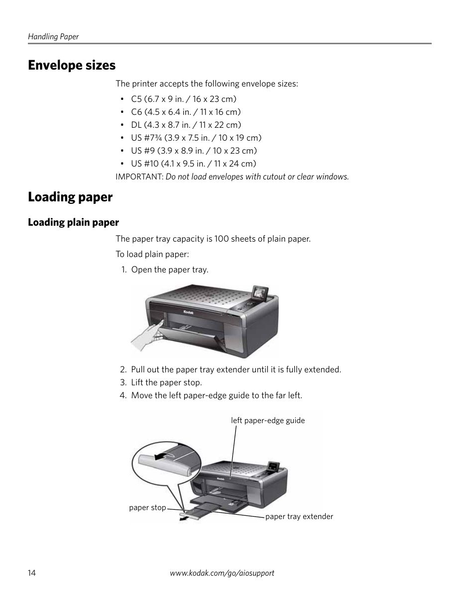 Envelope sizes, Loading paper, Loading plain paper | Envelope sizes loading paper | Kodak ESP 5200 User Manual | Page 19 / 73