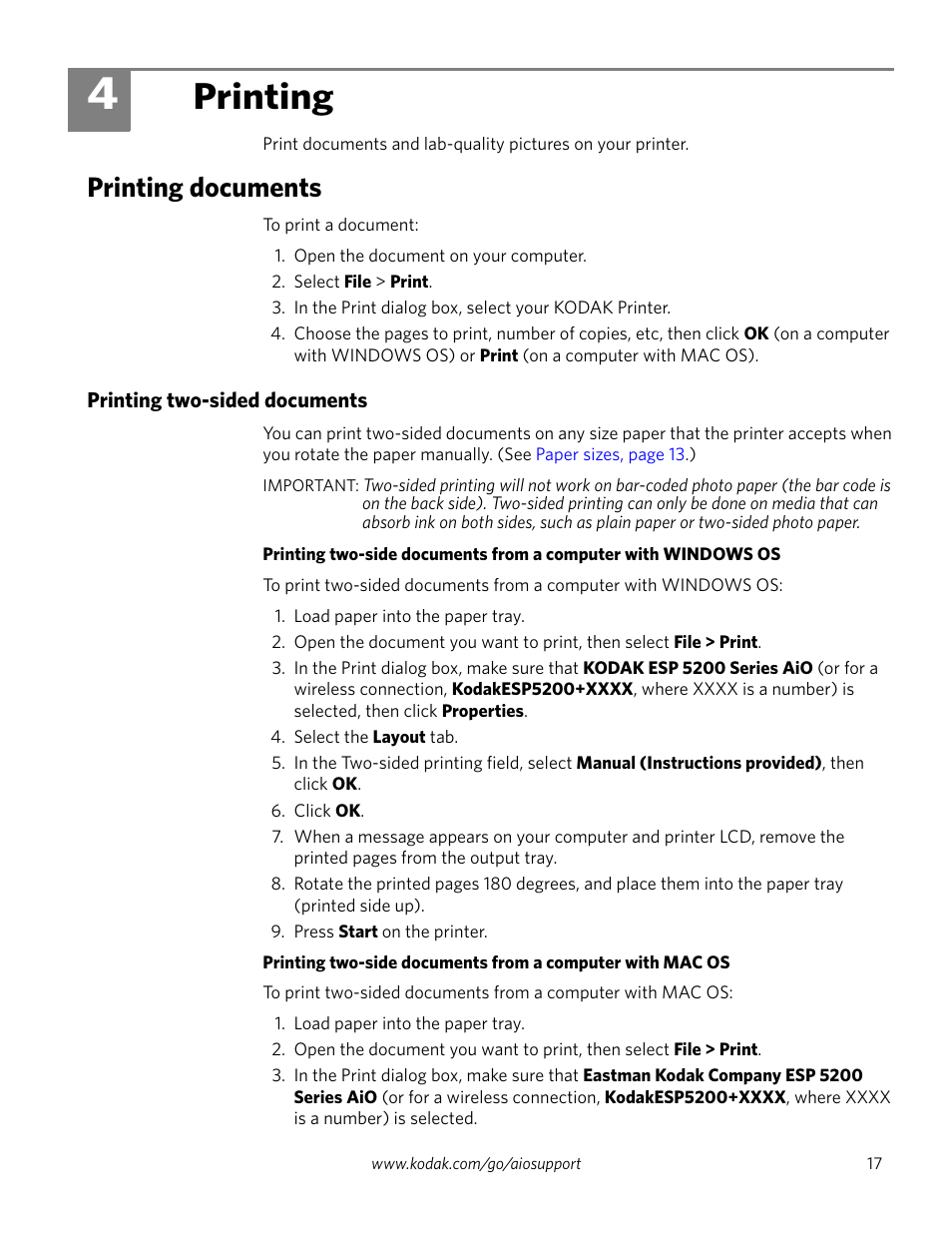 Printing, Printing documents, Printing two-sided documents | 4 printing | Kodak ESP 5200 User Manual | Page 22 / 73