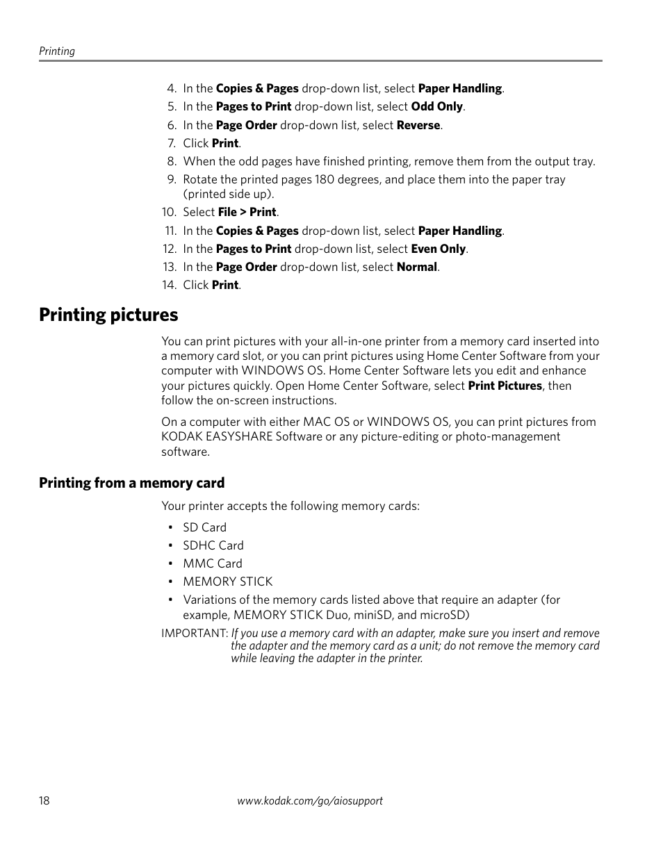 Printing pictures, Printing from a memory card | Kodak ESP 5200 User Manual | Page 23 / 73