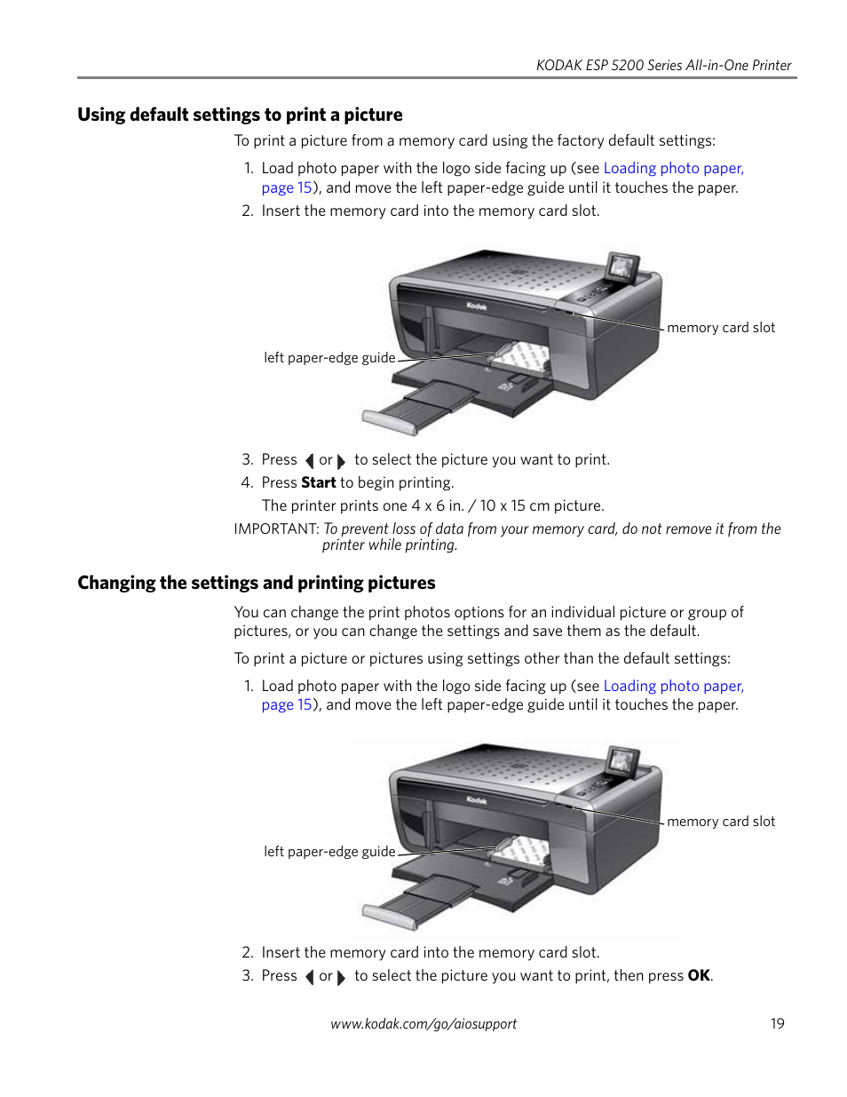 Using default settings to print a picture, Changing the settings and printing pictures | Kodak ESP 5200 User Manual | Page 24 / 73