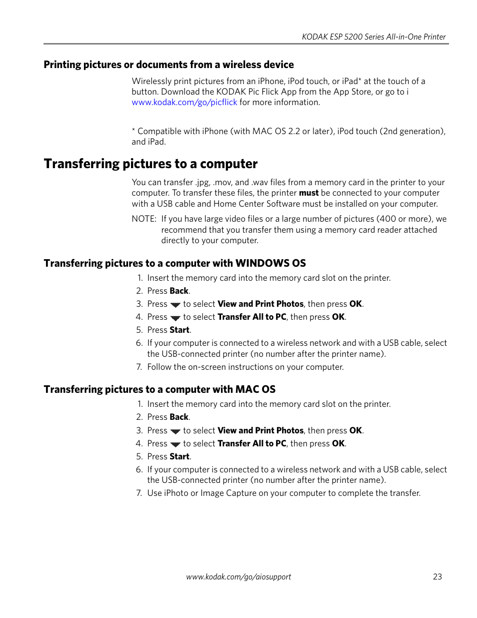 Transferring pictures to a computer, Transferring pictures to a computer with mac os | Kodak ESP 5200 User Manual | Page 28 / 73