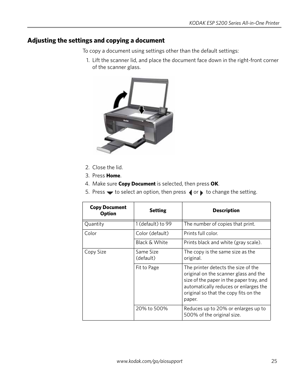 Adjusting the settings and copying a document, Ble under | Kodak ESP 5200 User Manual | Page 30 / 73