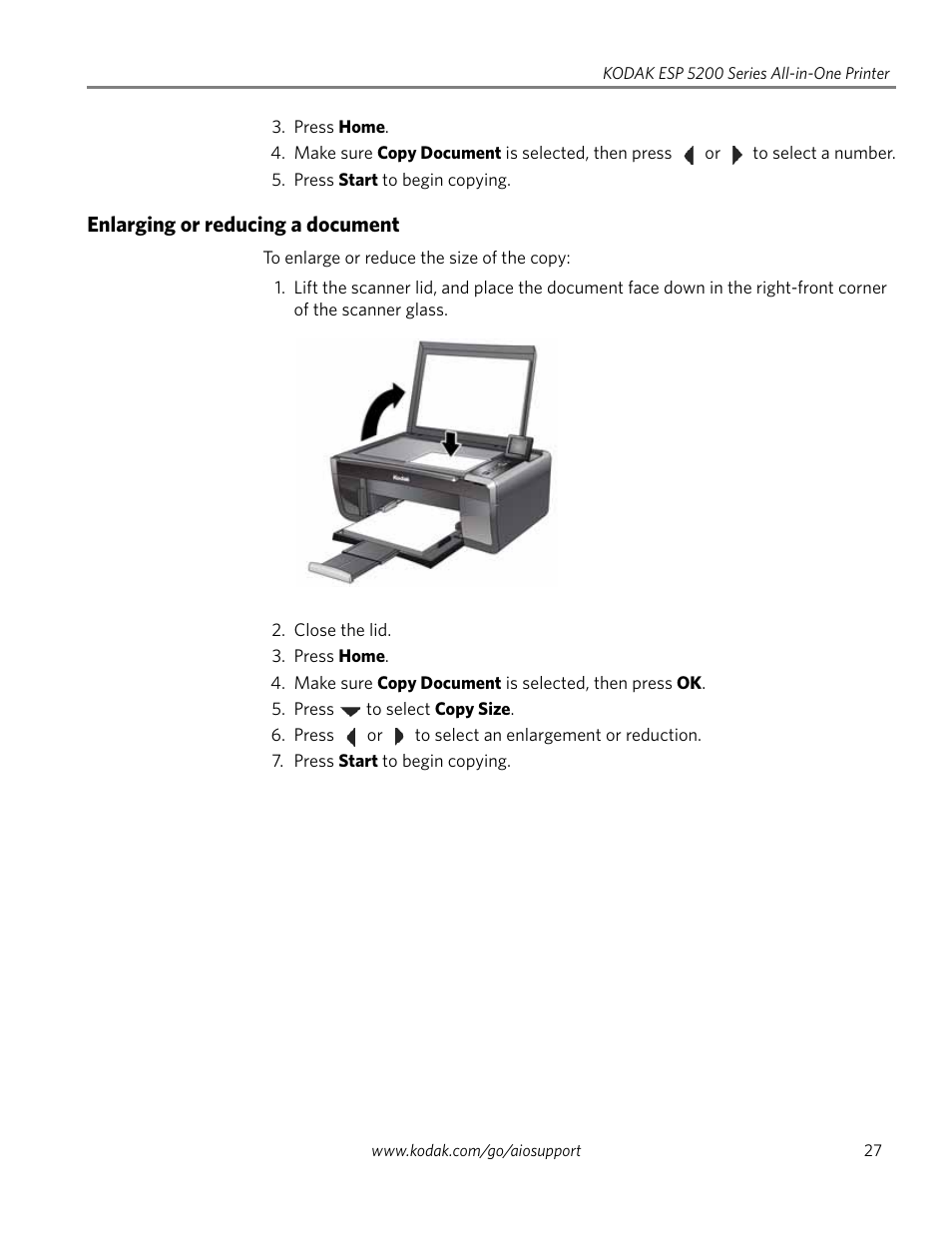 Enlarging or reducing a document | Kodak ESP 5200 User Manual | Page 32 / 73