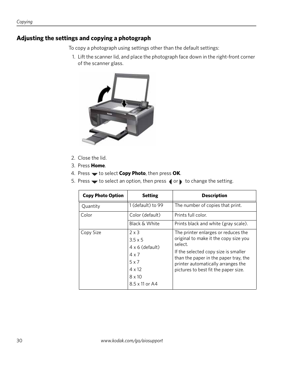 Adjusting the settings and copying a photograph | Kodak ESP 5200 User Manual | Page 35 / 73