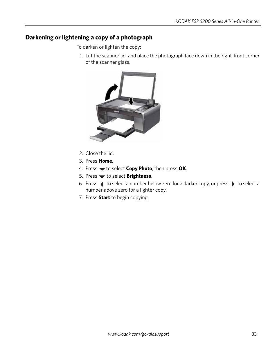 Darkening or lightening a copy of a photograph | Kodak ESP 5200 User Manual | Page 38 / 73