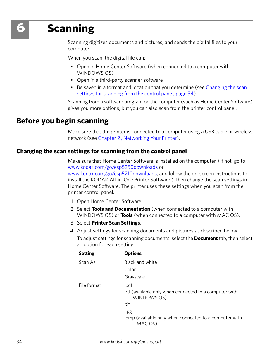 Scanning, Before you begin scanning, 6 scanning | Kodak ESP 5200 User Manual | Page 39 / 73