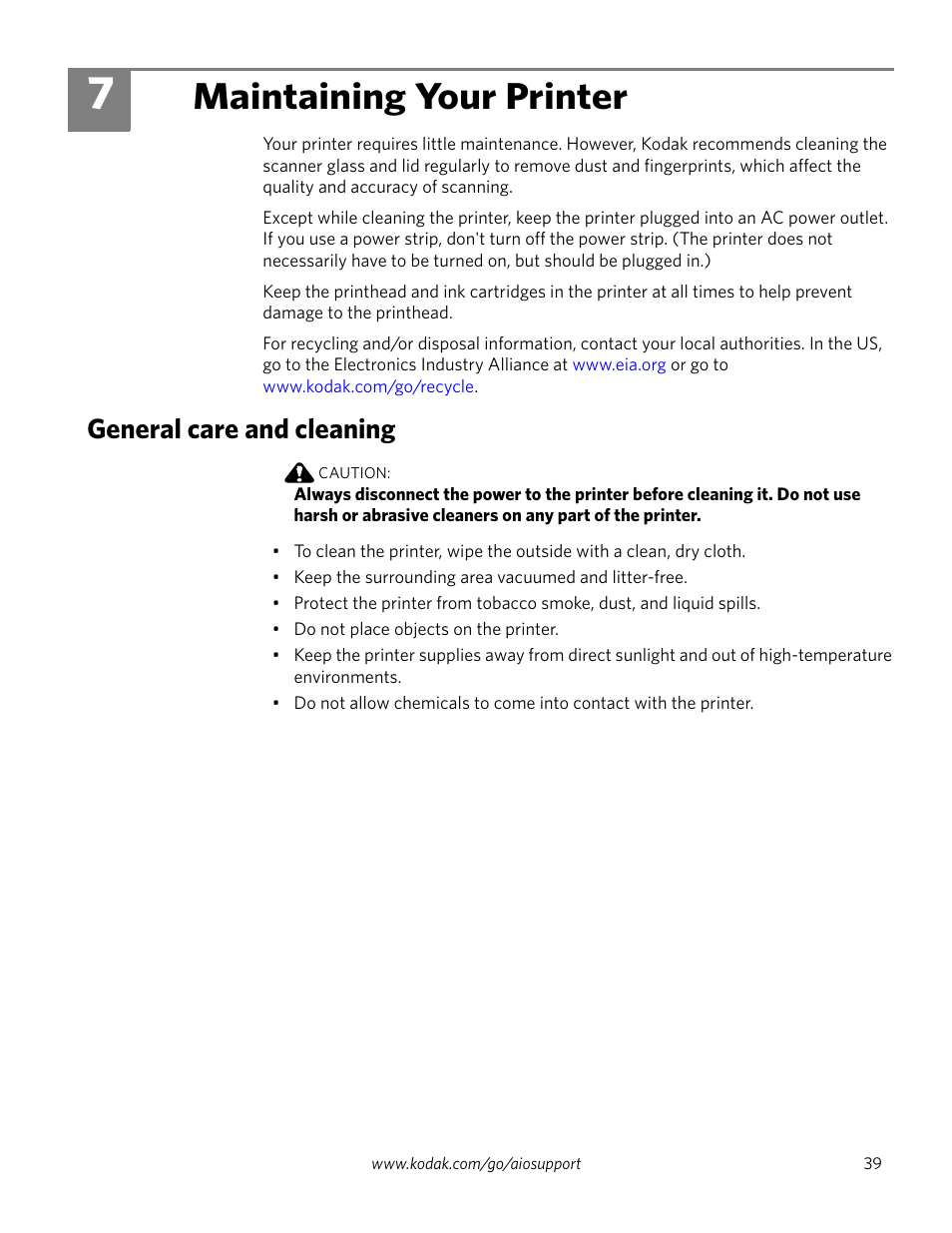 Maintaining your printer, General care and cleaning, 7 maintaining your printer | Kodak ESP 5200 User Manual | Page 44 / 73