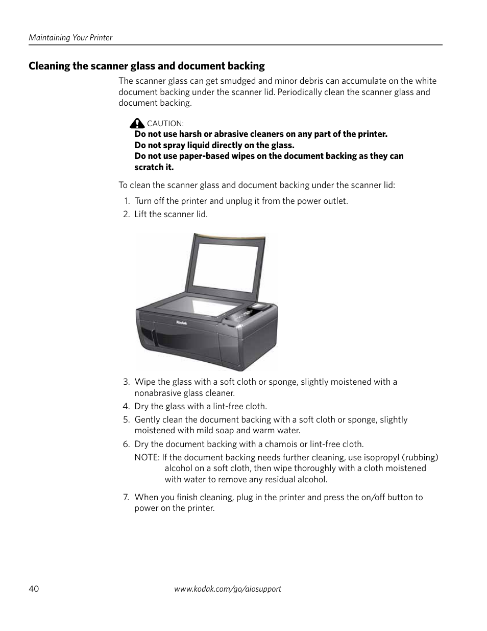 Cleaning the scanner glass and document backing | Kodak ESP 5200 User Manual | Page 45 / 73