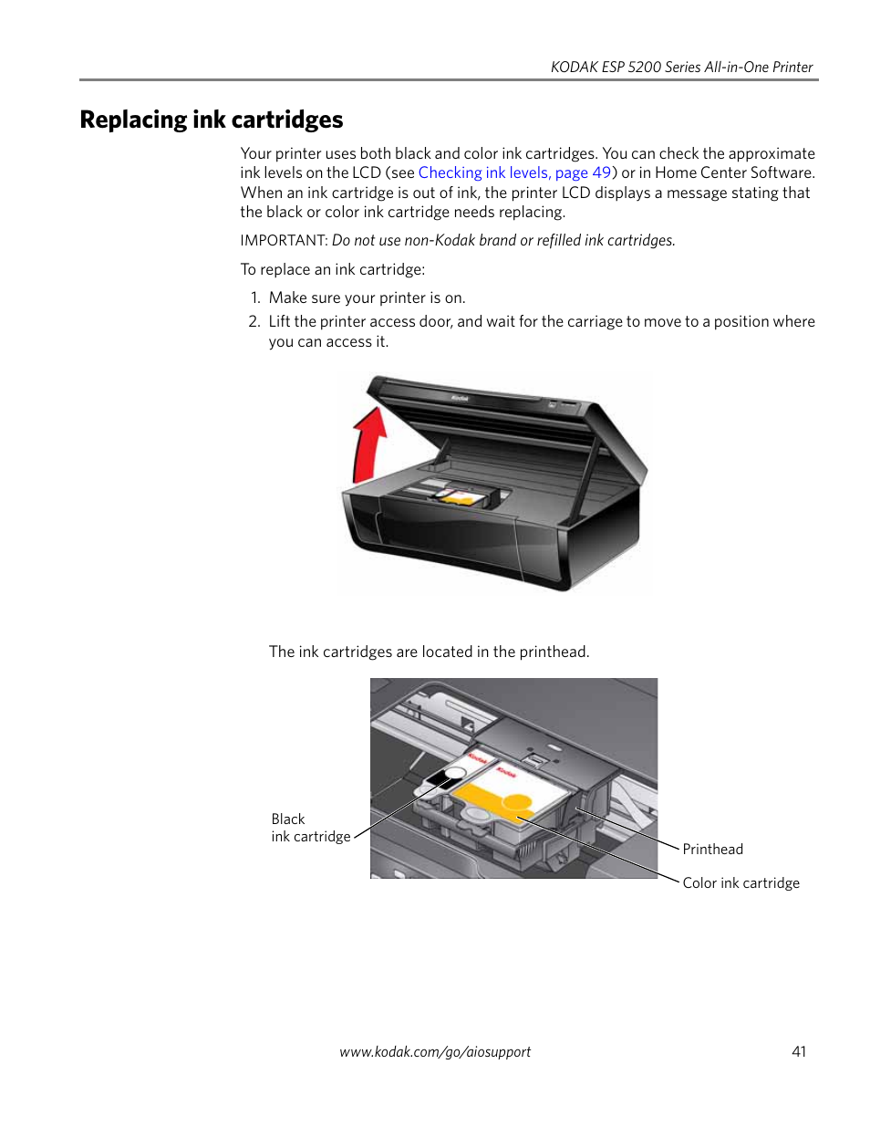 Replacing ink cartridges | Kodak ESP 5200 User Manual | Page 46 / 73