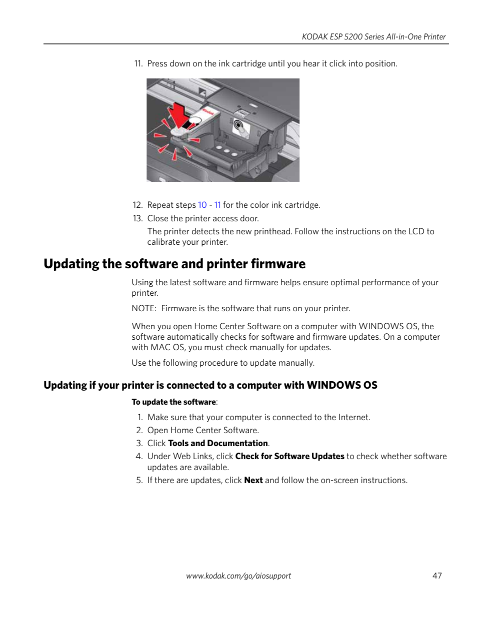 Updating the software and printer firmware | Kodak ESP 5200 User Manual | Page 52 / 73